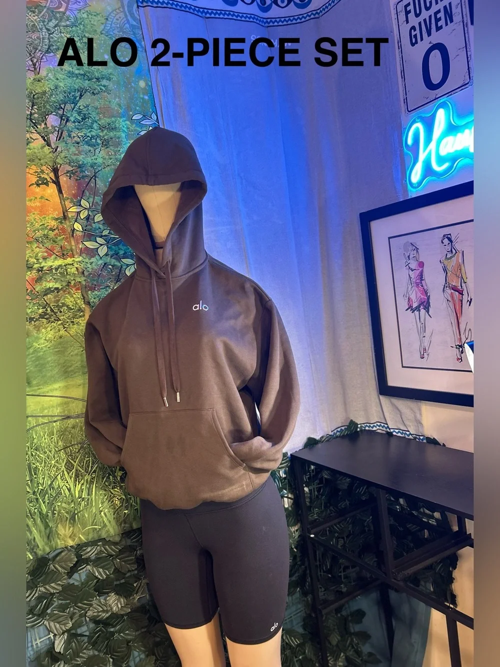Alo Olive Green Hoodie & Black Alo Biker Short Set ~ ALL IN ONE